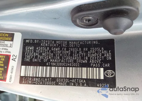 2012 Toyota Avalon from USA, damaged, VIN 4T1BK3DB9CU463022